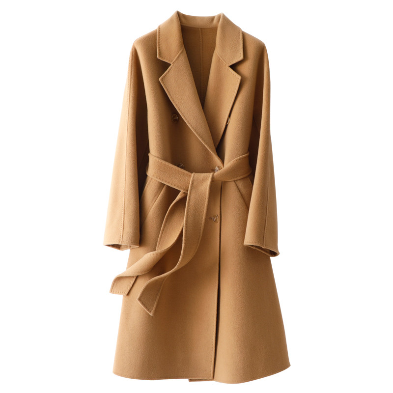 2020韩版宽松高端驼色系带双面羊绒大衣女中毛呢外套