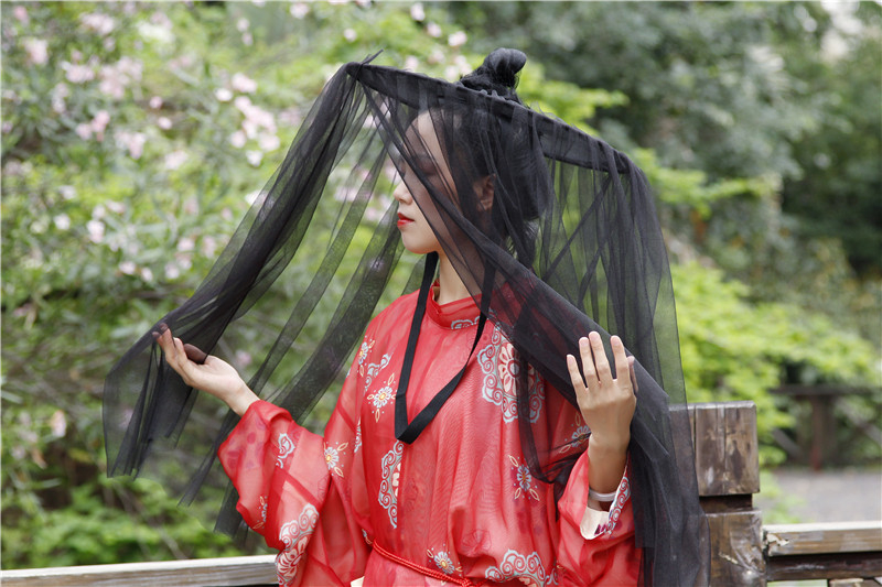 汉服墨绯网纱斗笠黑色白色红色幕篱帷帽活动帽子