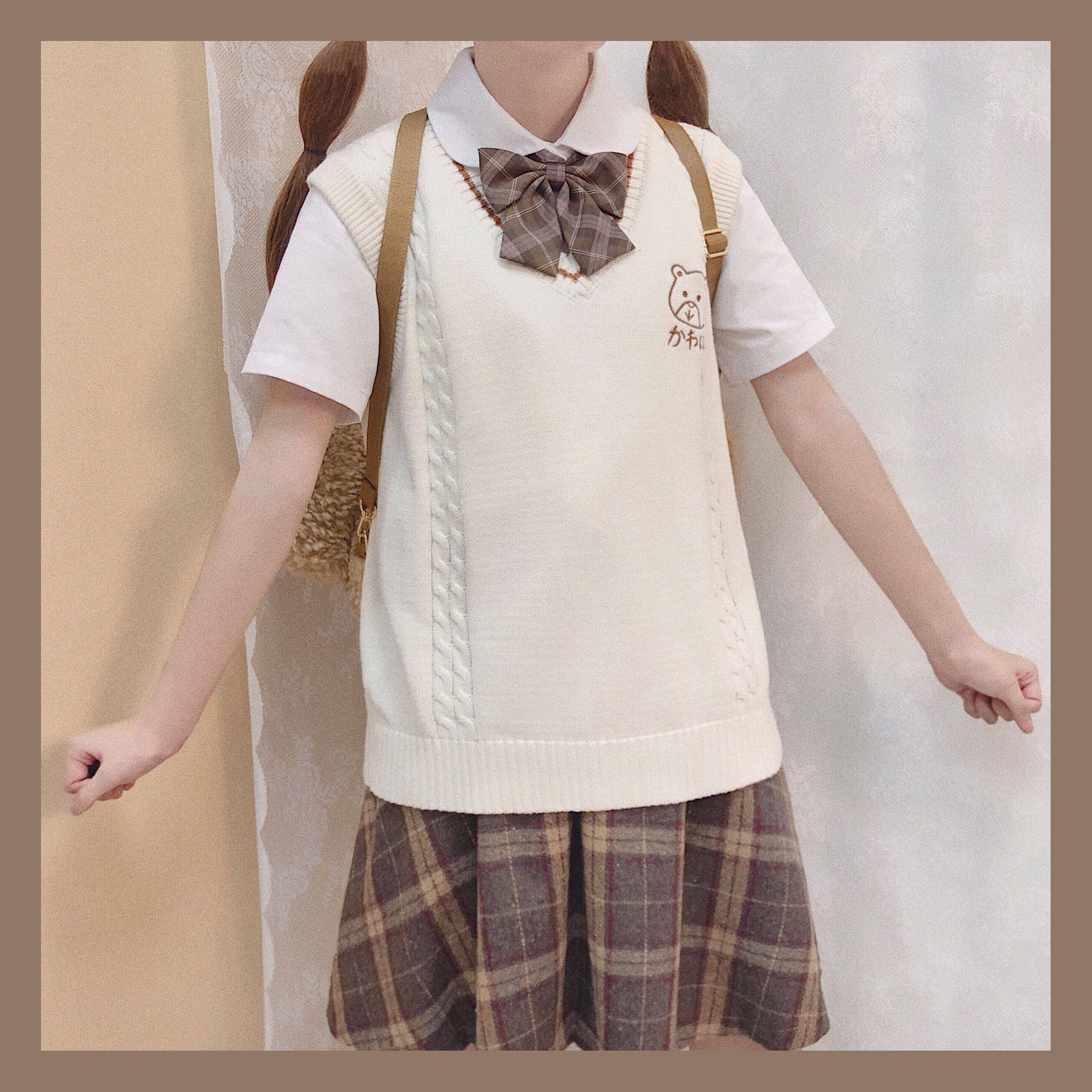 niaoer原创正版日系软妹小熊jk白色短款针织套头男女情侣背心毛衣