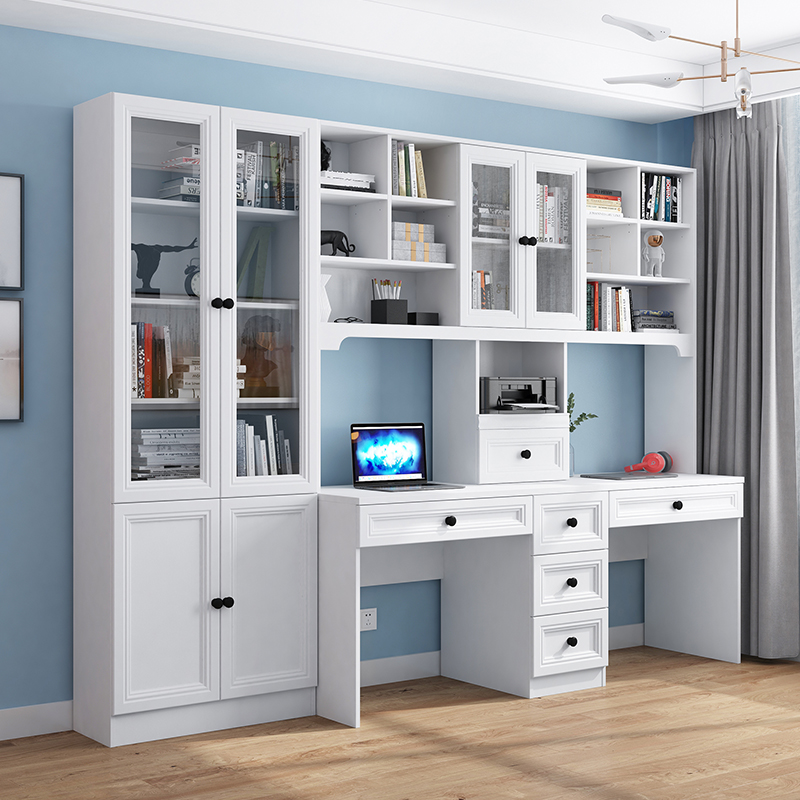 现代简约写字台书柜两门家用学习双人组合一体书架书桌