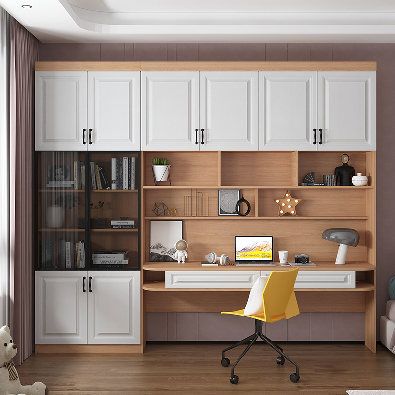 轻奢书柜书桌一体靠墙整墙储物柜电脑桌写字书架电脑桌