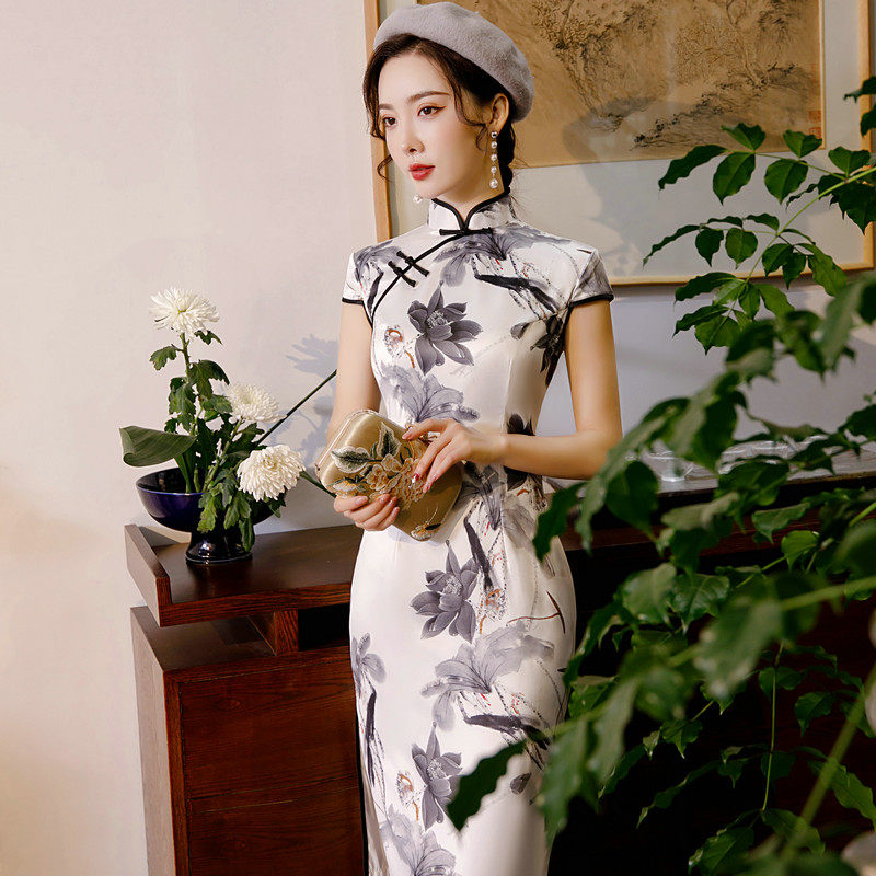 旗袍水墨荷花夏季改良时尚修身复古中长年轻旗袍