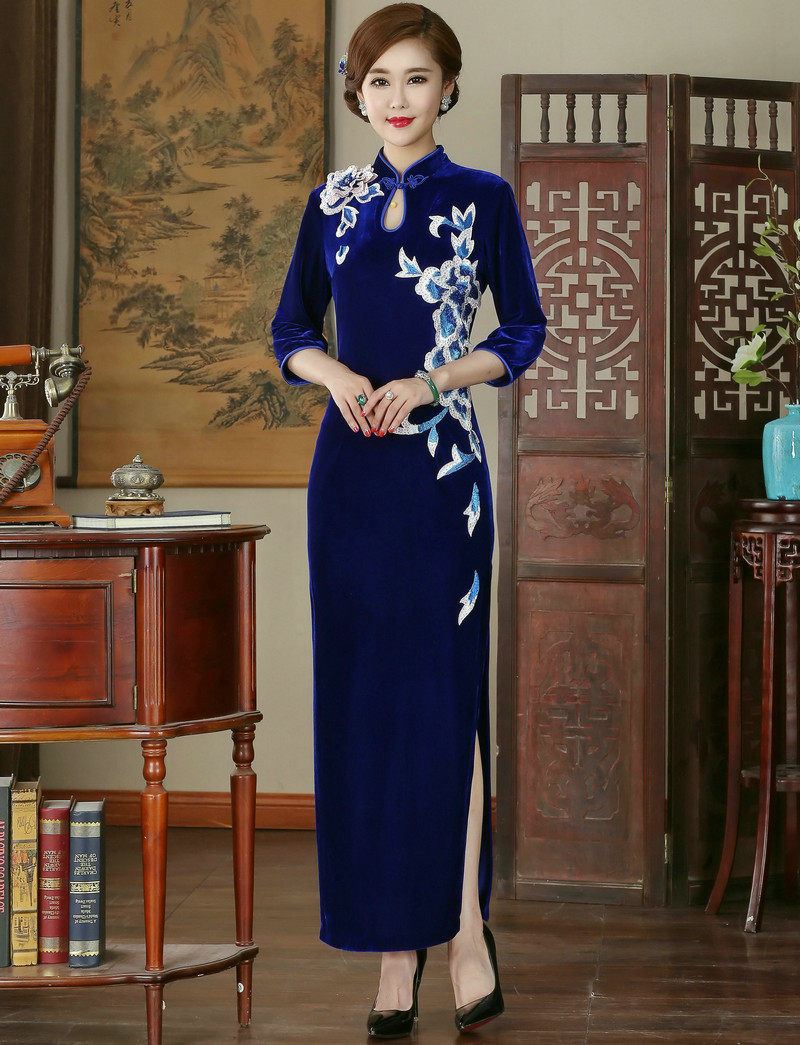 旗袍滴水金丝绒长款连衣裙妈妈婆婆婚庆礼服春秋旗袍