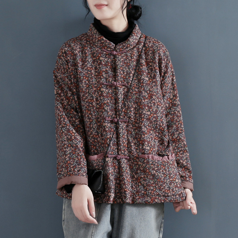 中国风复古碎花棉服秋冬民族风盘扣棉麻上衣外套加厚宽松茶服棉袄