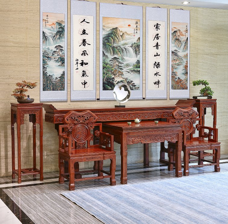 红木中堂缅甸花梨木翘头八仙桌组合中式实木家具条案条案