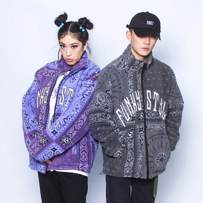 funkystyle冬季复古腰果棉服羊羔外套情侣装休闲加厚潮牌棉衣