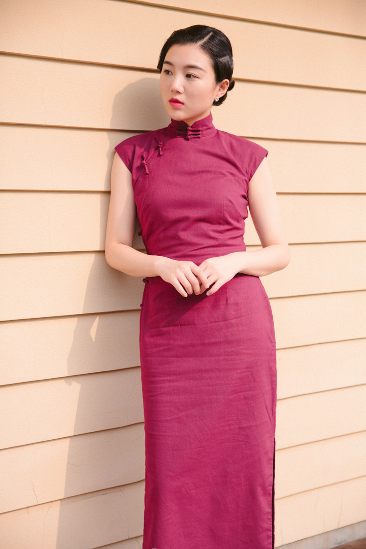 【特价】茉茉旗袍 平肩小连袖长款 复古日常纯色亚麻旗袍 梅子酒