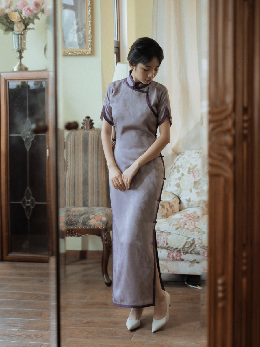 茉茉8月秋季新品三分连袖无省全开开襟长款旗袍