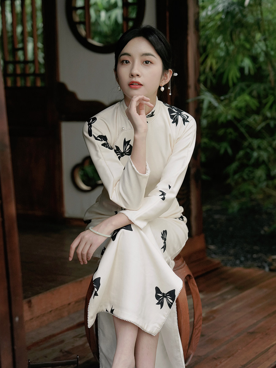 茉茉秋冬季八分连袖拉链珠链长款复古日常旗袍旗袍