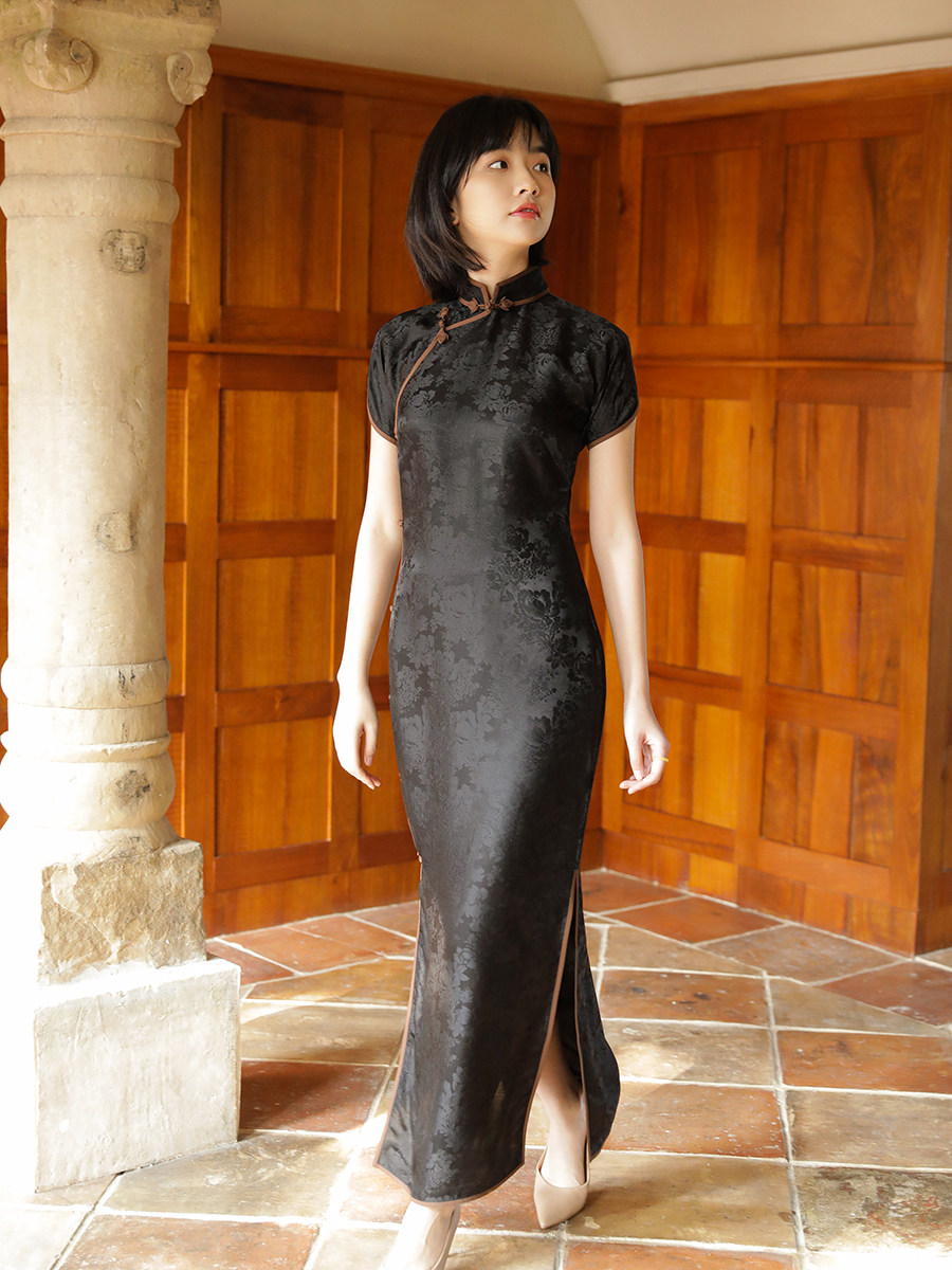 茉茉春夏季短袖连无腰省全开开襟包边长复古日常旗袍