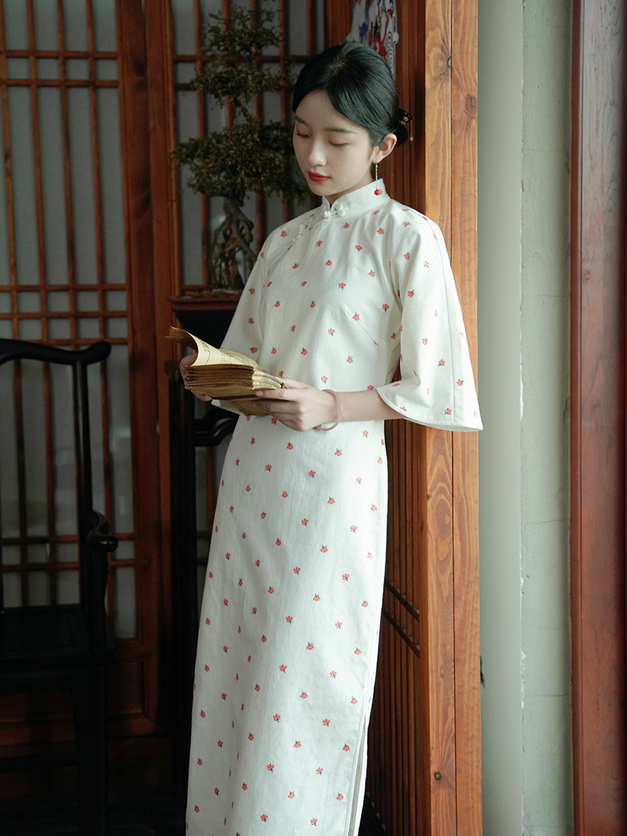 茉茉秋冬季六分水袖全开开襟包边中长复古文艺旗袍