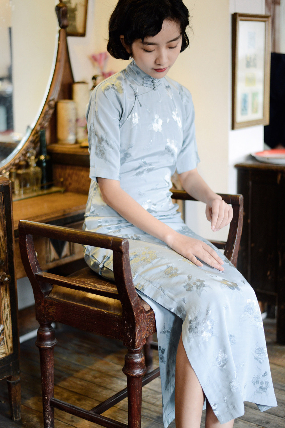 旗袍茉茉春夏四分连袖无省全开开襟长款复古旗袍