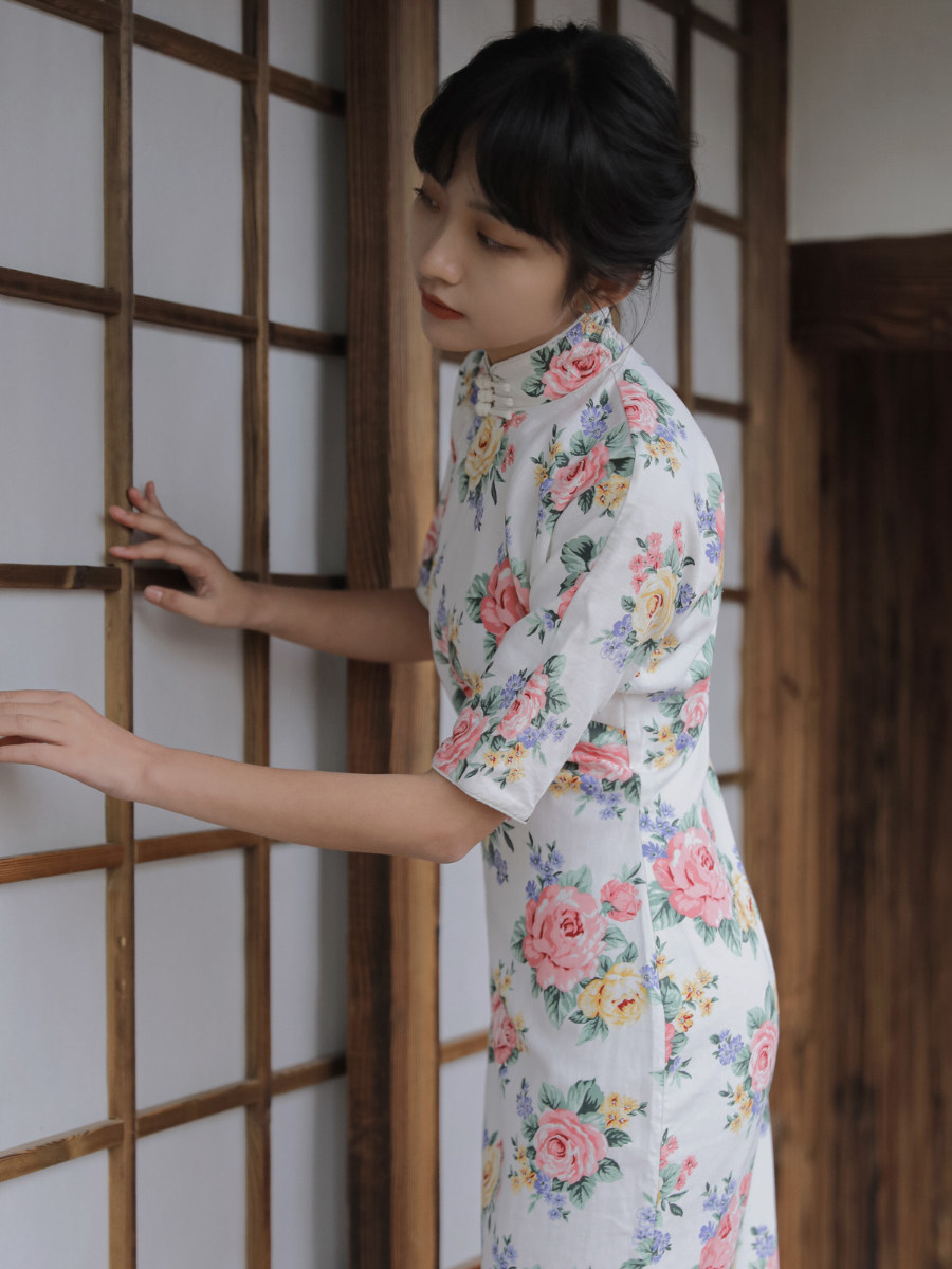 旗袍茉茉5月新品四分连袖全开开襟长款复古旗袍