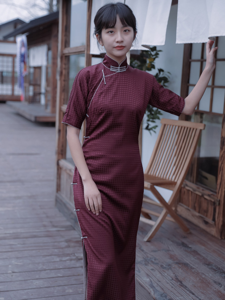 旗袍茉茉春夏新品四分连袖全开开襟长款复古旗袍