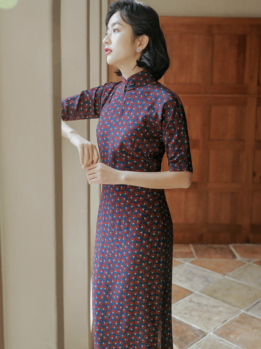 茉茉春夏季新品四分连袖全开开襟中长复古日常旗袍