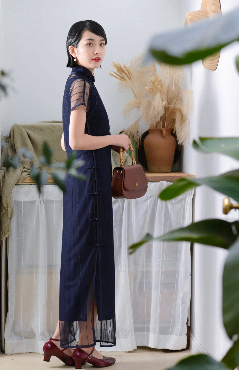 旗袍茉茉春夏季短袖连袖全开开襟长款复古日常旗袍