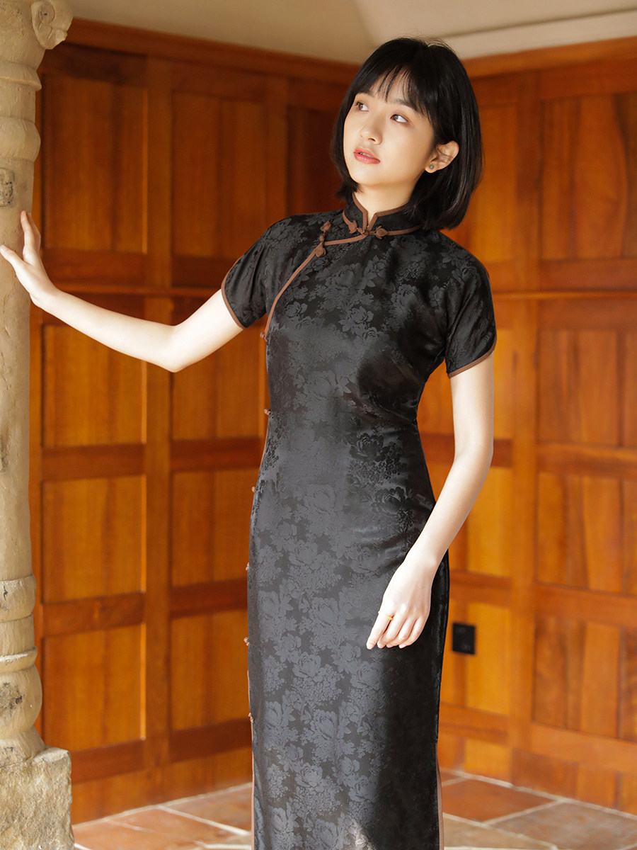 茉茉春夏季短袖连无腰省全开开襟包边长复古日常旗袍