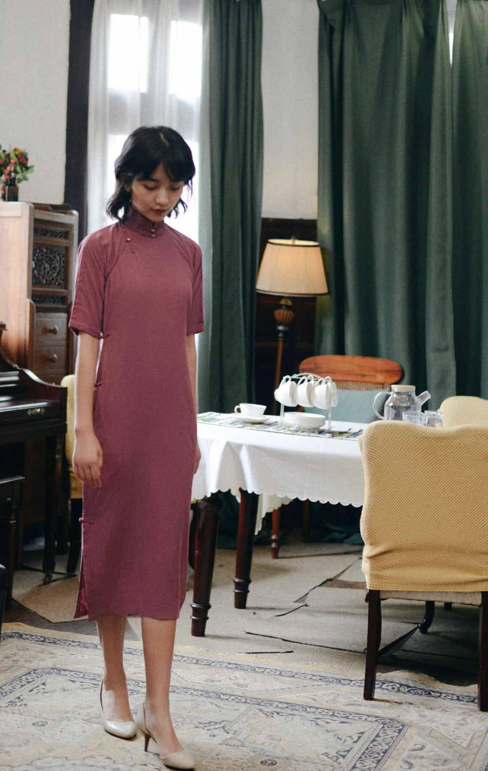 茉茉旗袍 春夏四分连袖全开襟无省长款 日常纯色绵绸旗袍 软香玉