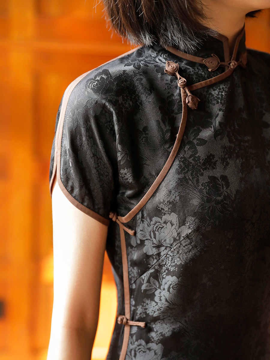 茉茉春夏季短袖连无腰省全开开襟包边长复古日常旗袍