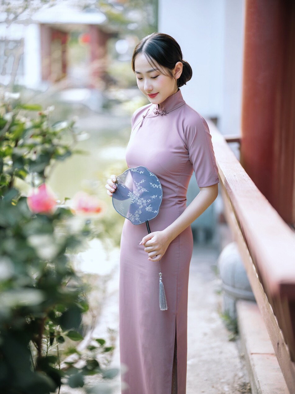 旗袍茉茉四分连袖无省中长复古文艺日常雪纺旗袍