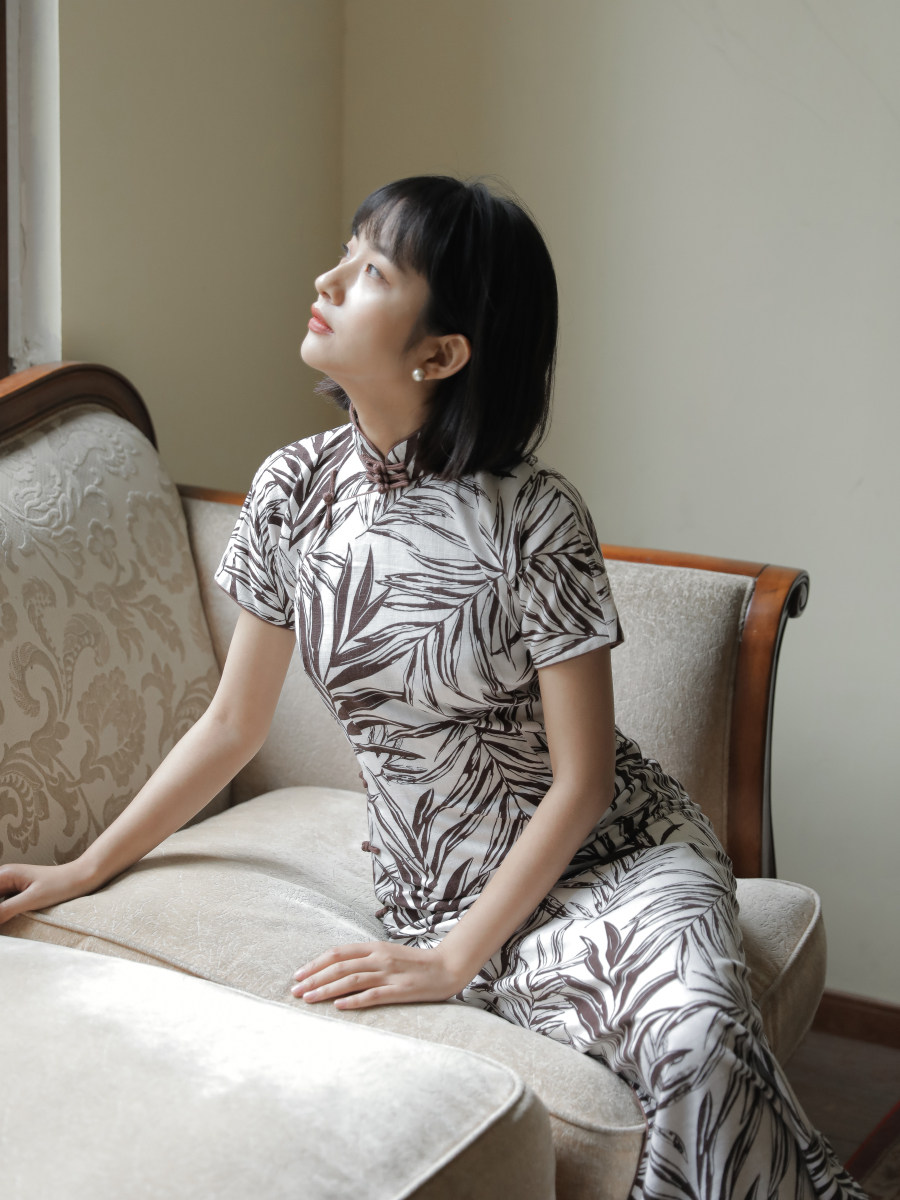 茉茉春秋秋季短袖连袖半开开襟中长复古日常旗袍