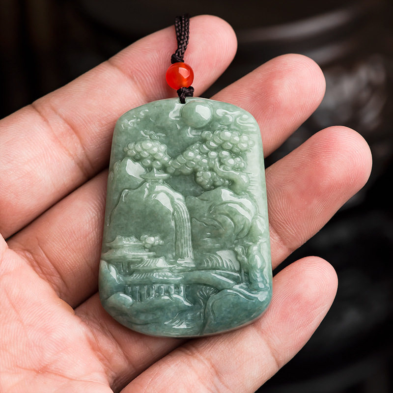 玉佩天然翡翠山水牌世外桃源玉石吊坠挂件男女女款项坠