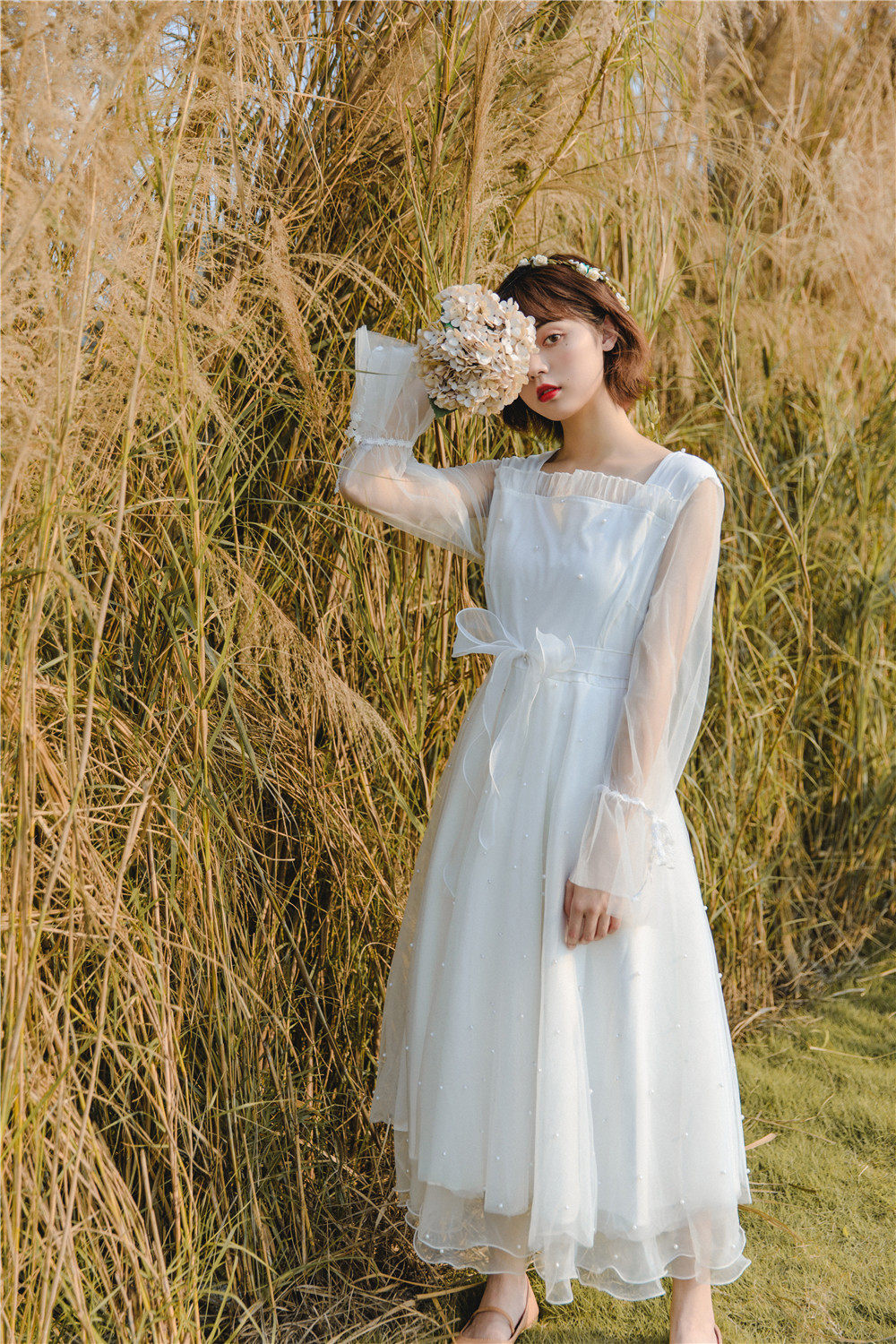 锦葵木马原创连衣网轻婚纱纱裙珍珠超仙法式连衣裙