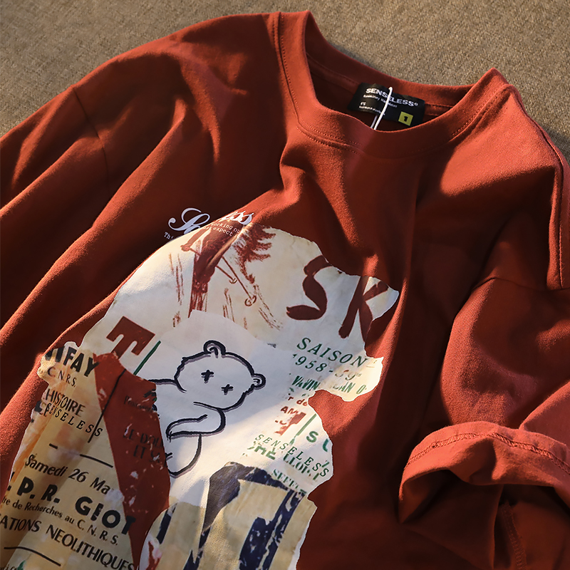 Konggeins短袖t恤男阿美咔叽美式复古小熊宽松潮情侣纯棉体恤tee