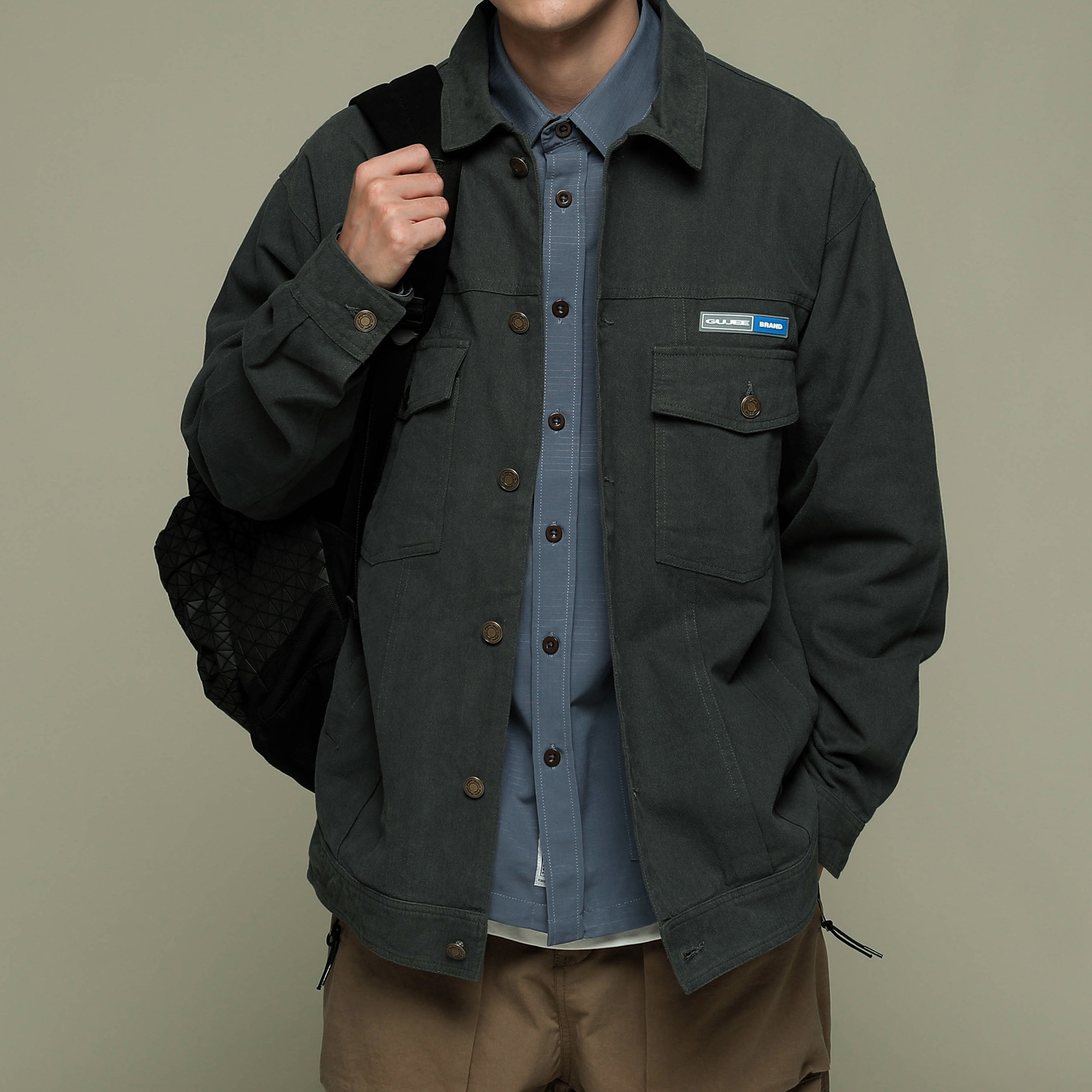 写意秋季新款日系复古工装夹克衫多口袋翻领休闲潮男外套外搭上衣