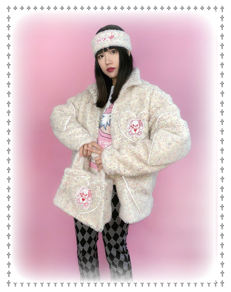 STARRY UFF原创设计爱心反光可爱小兔刺绣秋冬羊羔绒提花宽松外套