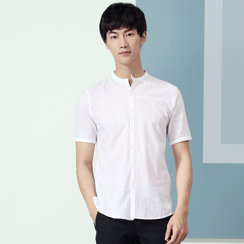 menseye/男眼夏季衬衫中国风圆领白色男士棉薄短袖衬衣