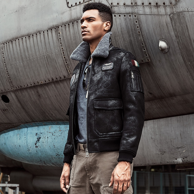 b6空降兵空军飞行服2018新款夹克皮毛一体男外套真皮皮衣刺绣皮草