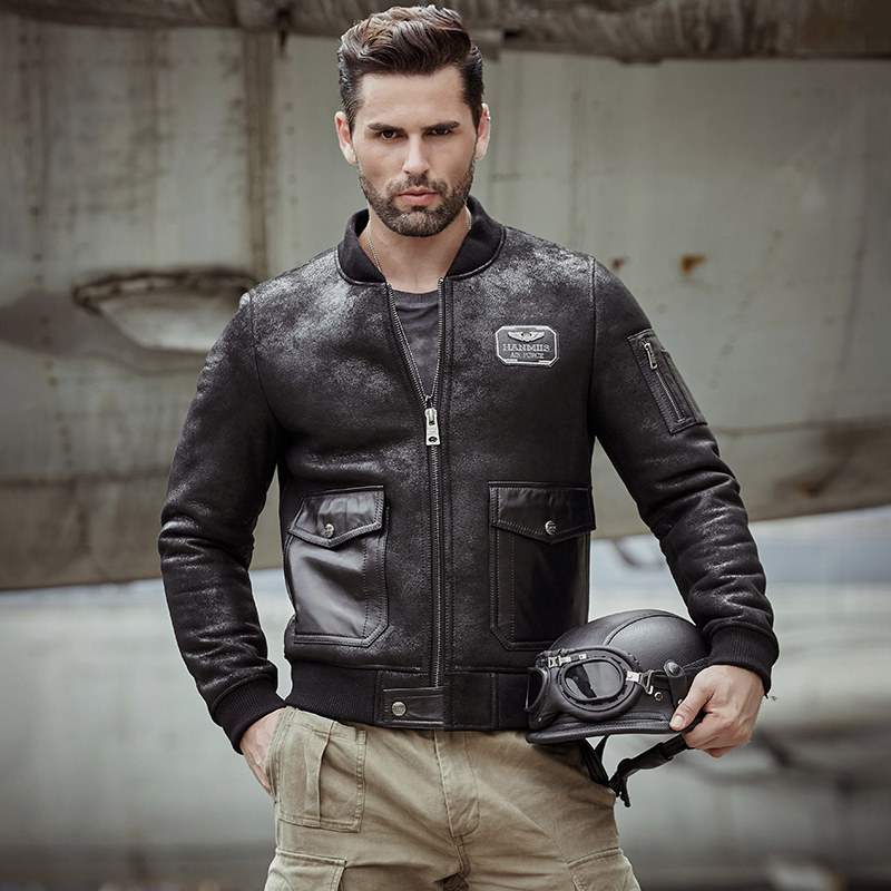 hanmiis棒球a2飞行员空军绵羊皮毛一体皮衣