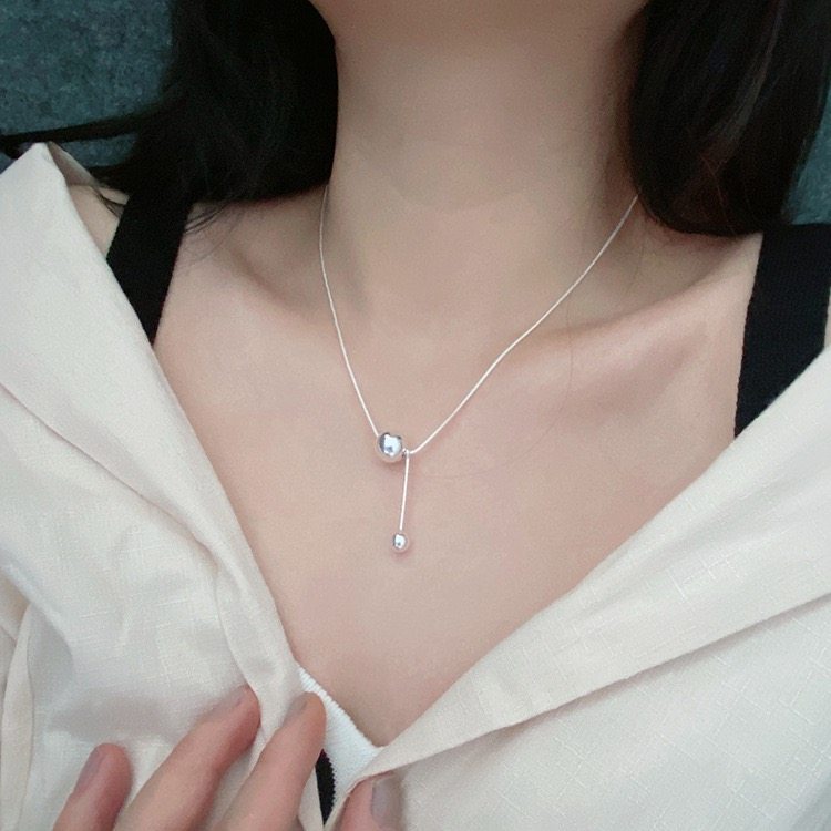 韩国东大门s925通体纯银银珠圆球项链锁骨毛衣项链