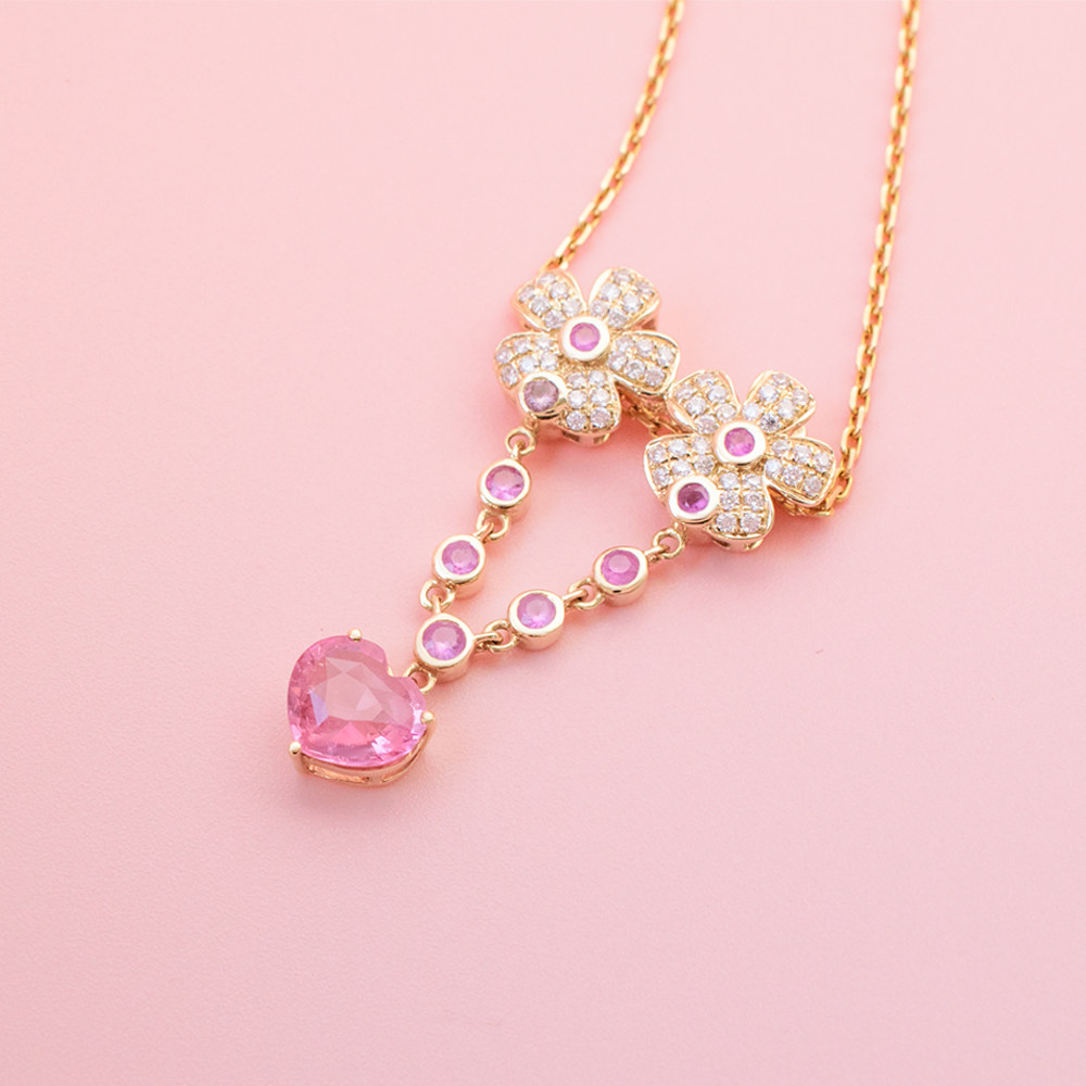 范儿珠宝天然粉色晶石18k黄金吊坠项链蓝宝石颈饰