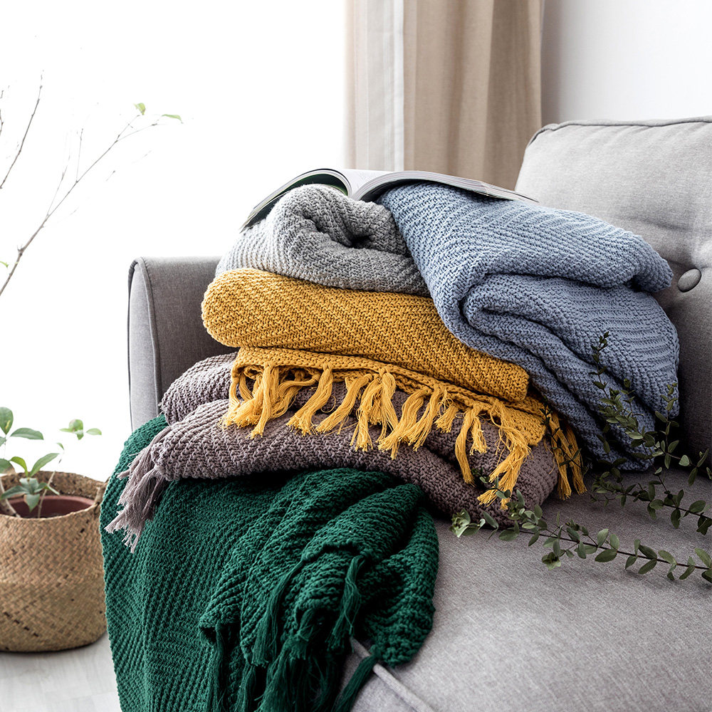 外贸北欧ins流苏手工针织纯棉线毯沙发盖毯休闲毯