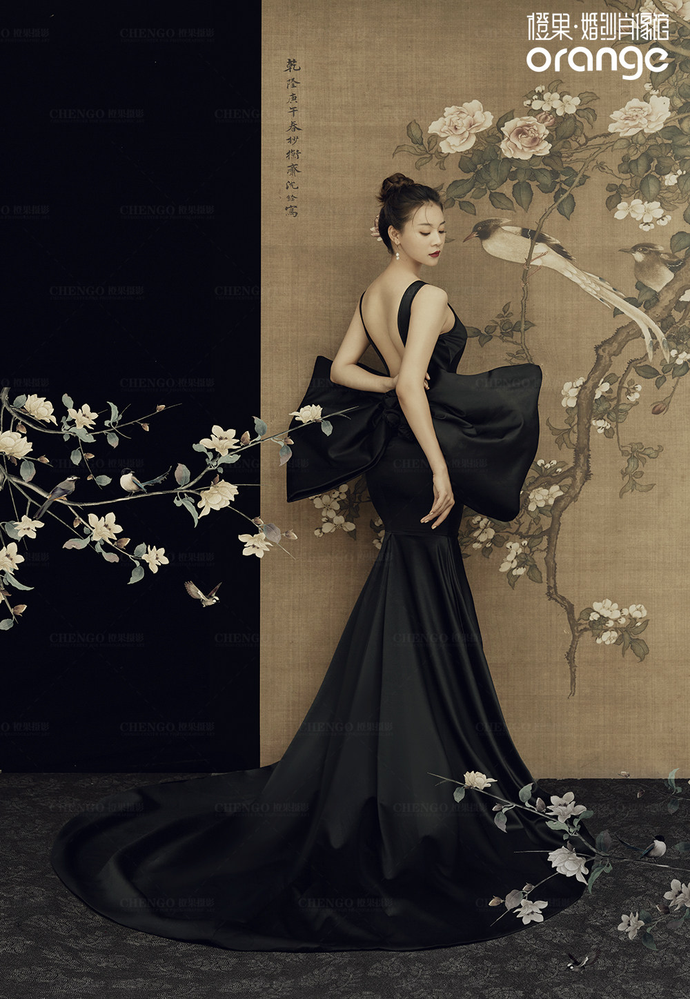 影楼创美工笔画花鸟中国国风旗袍背景景秀禾服背景布类