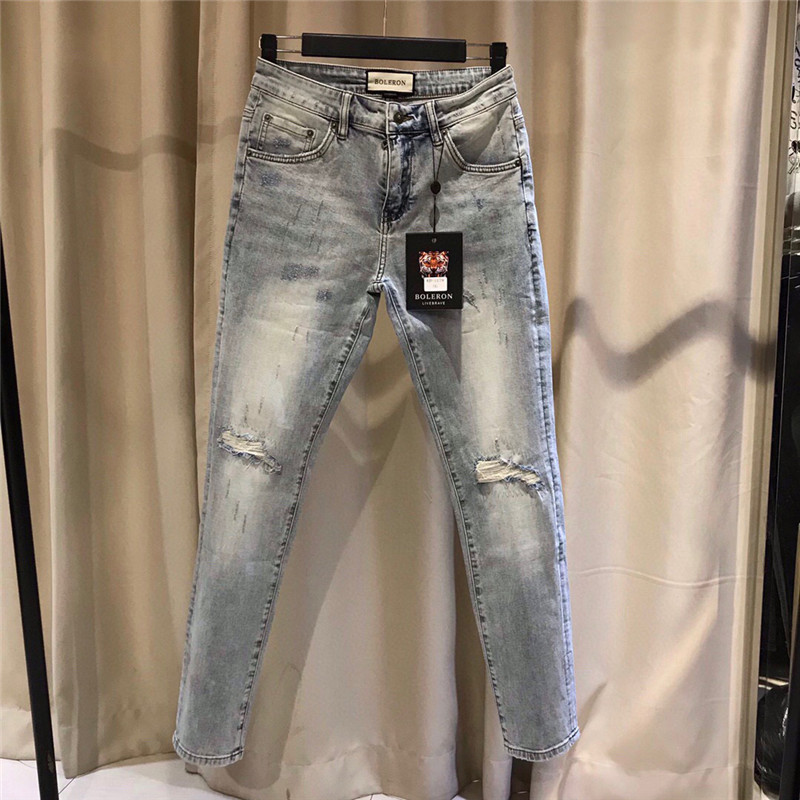 欧美潮牌TB汤姆破洞做旧牛仔裤修身刮烂水洗小直筒休闲牛仔长裤男