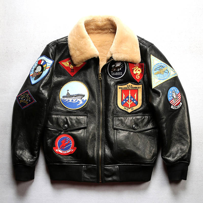 g1空军飞行服男绵羊羊皮皮毛一体飞行员皮夹克皮衣