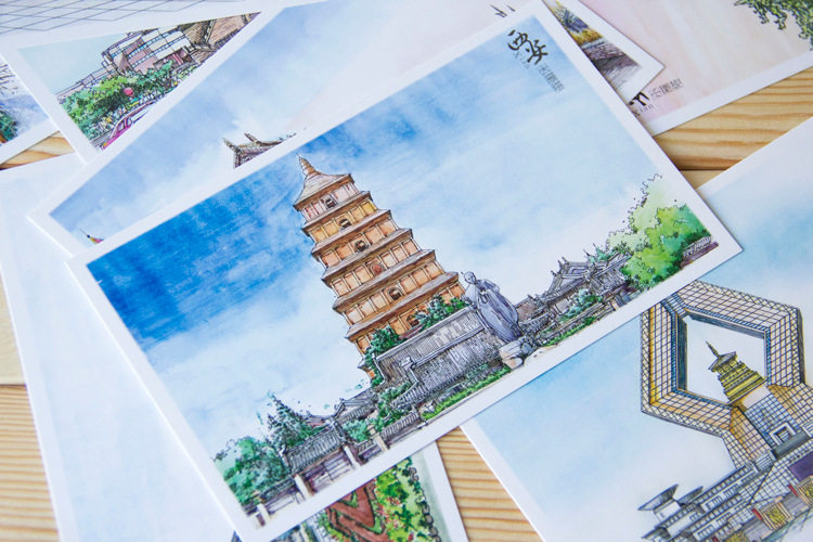 手绘明信片西安陕西城市原创旅行收藏纪念品贺卡贺卡
