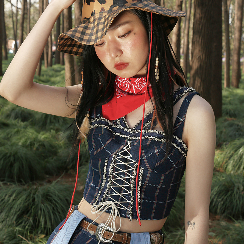 nextpassport少女度假西部牛仔蓝格百褶裙复古胸衣绑带时尚套装
