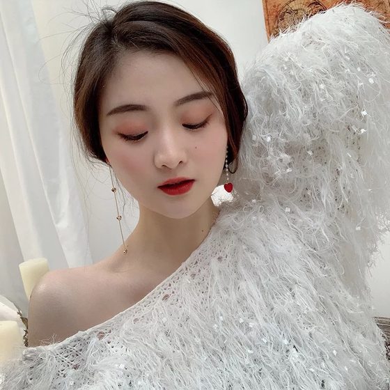 S925 sterling silver asymmetric red love long runus earrings Korean ins inS feminine earrings student gift S925 sterling silver asymmetric red love long runus earrings Korean ins inS feminine earrings student gift
