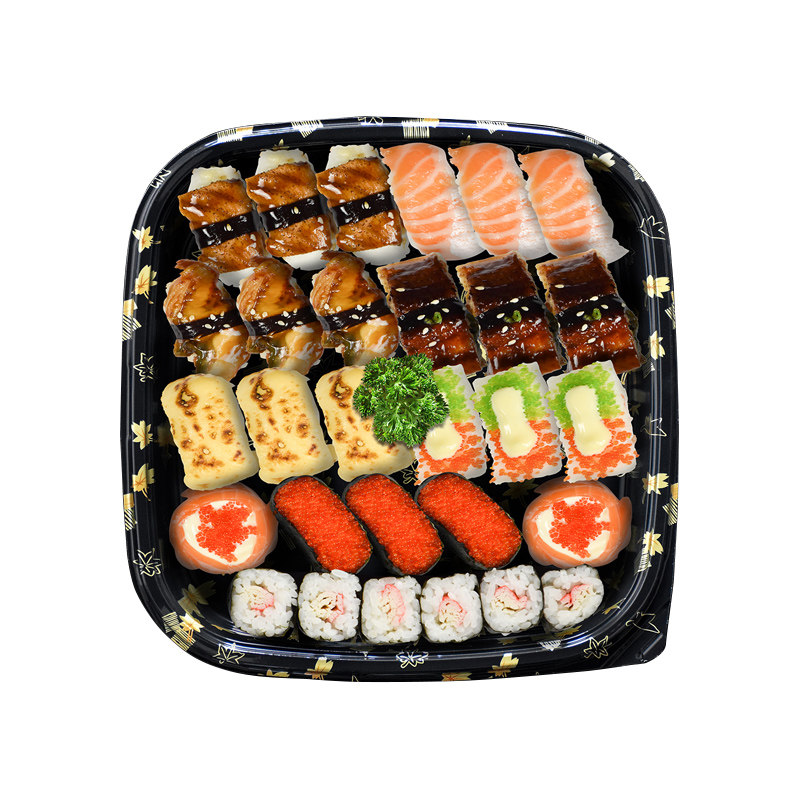 双层日式一次性印花圆形拼盘寿司盒带塑料整箱一次性餐盒