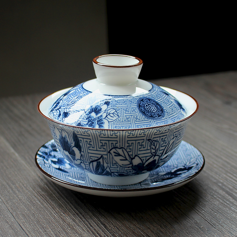 泡茶青花瓷三才盖碗陶瓷茶碗茶具茶备单个茶杯盖碗