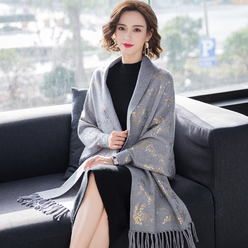 披肩秋冬季新款带袖妈妈旗袍外搭两用围巾披风毛针织衫