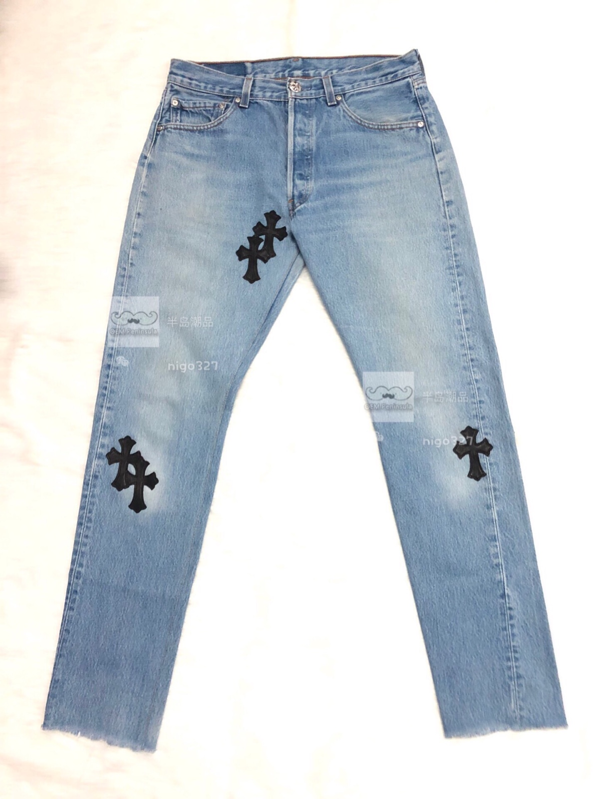 美国正品 Chrome Hearts 克罗心皮十字银扣 破坏刀割水洗牛仔裤