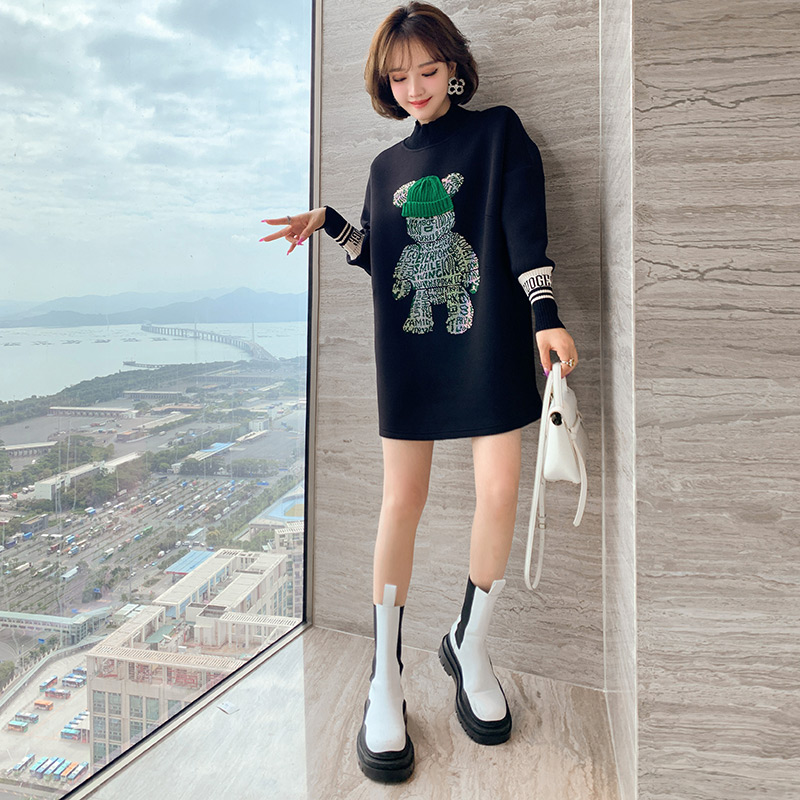 MIUCO卡通减龄针织半高领宽松太空棉卫衣连衣裙女2022冬季新