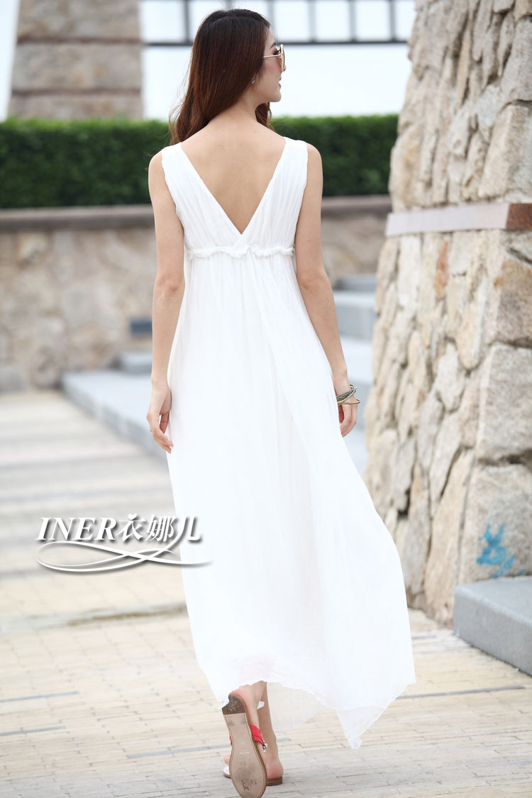 衣娜儿 希腊女神 白色真丝连衣裙唯美长裙桑蚕丝波西米亚沙滩裙仙