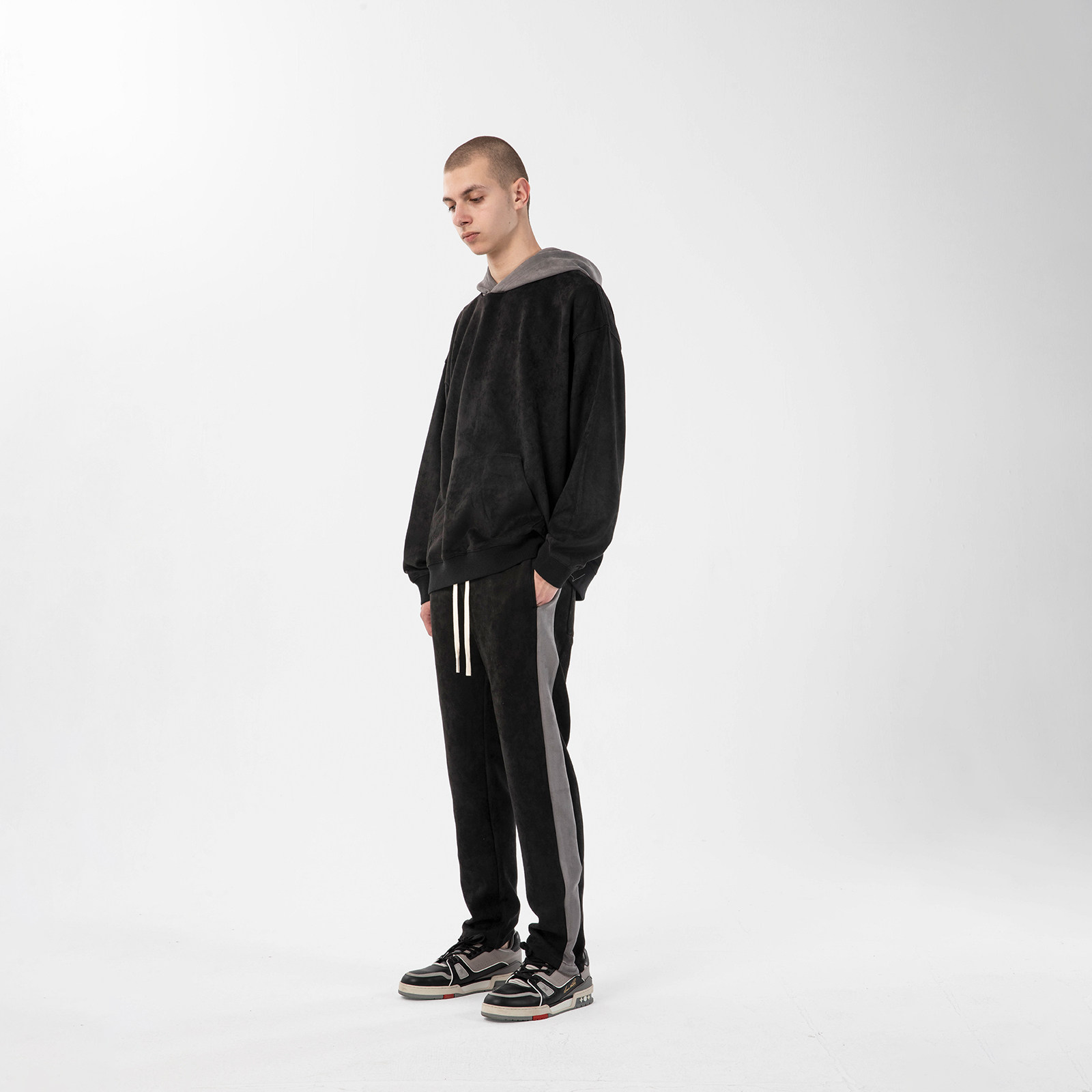 climaxvision麂皮绒撞色拼接潮流流连帽卫情侣帽衫卫衣