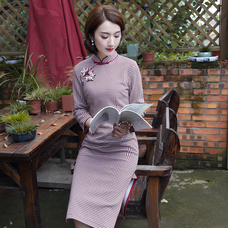 春秋款旗袍改良版连衣裙中长款复古老上海格子洋气时尚民国风女装